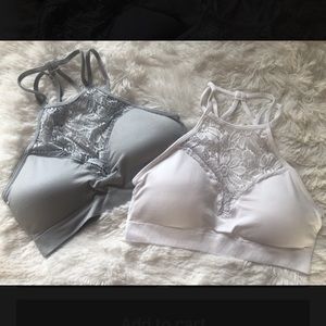 White and gray criss cross lace bralettes